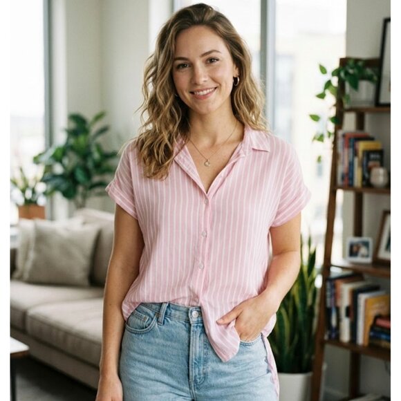 Beach Lounche Loungue Tops - Beach Lunch Lounge Pink White Striped ButtonDown Shirt Collar Beachy  XS